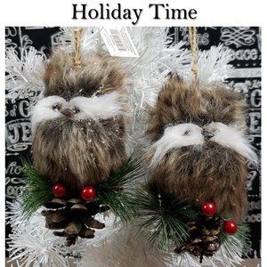 2 Holiday Time Furry Owl Christmas Ornaments NWT
